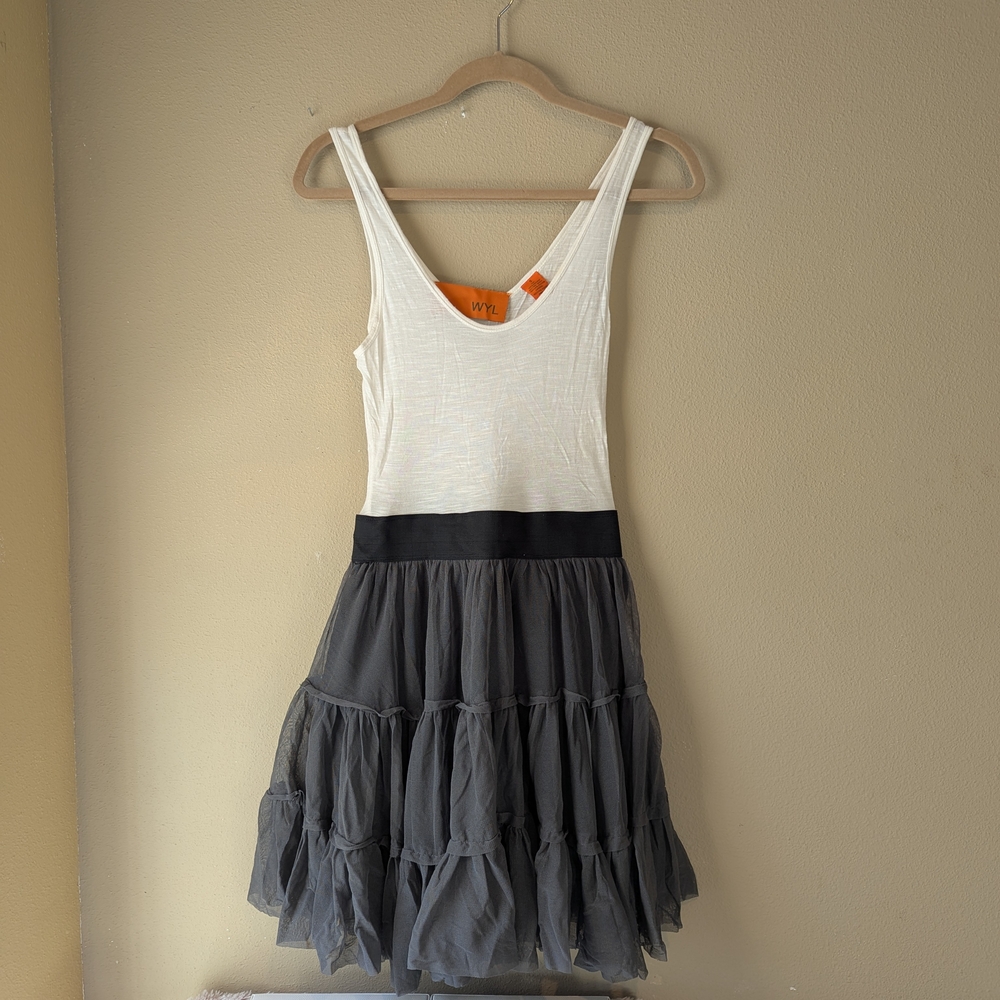 White and Gray Fit and Flare Mini Dress with Scoop Neck